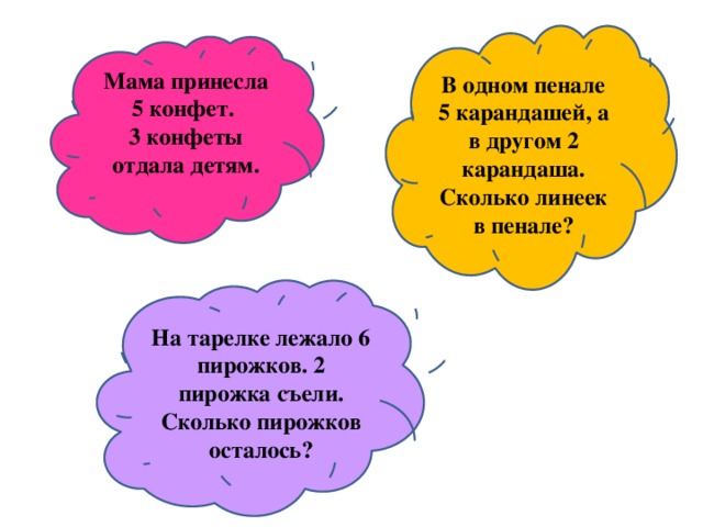 В одном пенале 5 карандашей, а в другом 2 карандаша. Сколько линеек в пенале? Мама принесла 5 конфет. 3 конфеты отдала детям.  На тарелке лежало 6 пирожков. 2 пирожка съели. Сколько пирожков осталось?