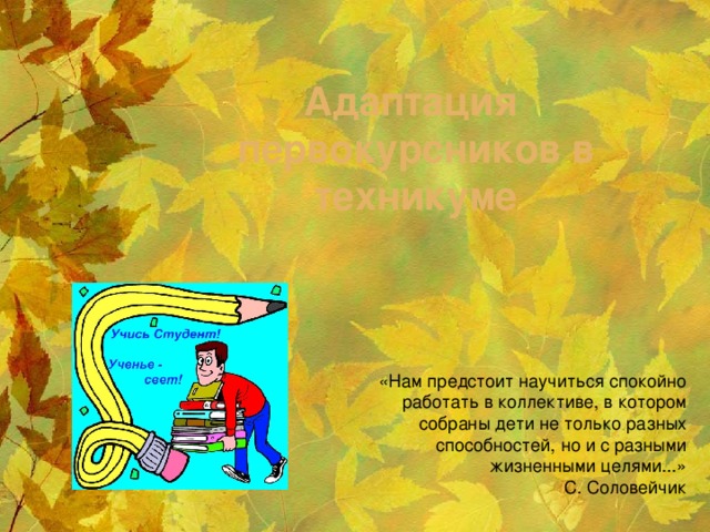 Адаптация первокурсников в техникуме «Нам предстоит научиться спокойно работать в коллективе, в котором собраны дети не только разных способностей, но и с разными жизненными целями...» С. Соловейчик