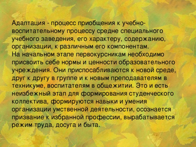 Адаптация - процесс приобщения к учебно-воспитательному процессу средне специального учебного заведения, его характеру, содержанию, организации, к различным его компонентам.  На начальном этапе первокурсникам необходимо присвоить себе нормы и ценности образовательного учреждения. Они приспосабливаются к новой среде, друг к другу в группе и к новым преподавателям в техникуме, воспитателям в общежитии. Это и есть неизбежный этап для формирования студенческого коллектива, формируются навыки и умения организации умственной деятельности, осознается призвание к избранной профессии, вырабатывается режим труда, досуга и быта.