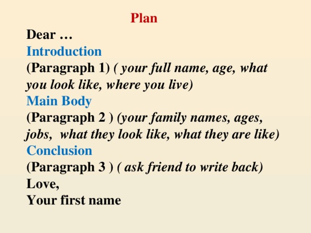 Plan  Dear …  Introduction  (Paragraph 1) ( your full name, age, what you look like, where you live)  Main Body  (Paragraph 2 ) (your family names, ages, jobs, what they look like, what they are like)  Conclusion  (Paragraph 3 ) ( ask friend to write back)  Love,  Your first name