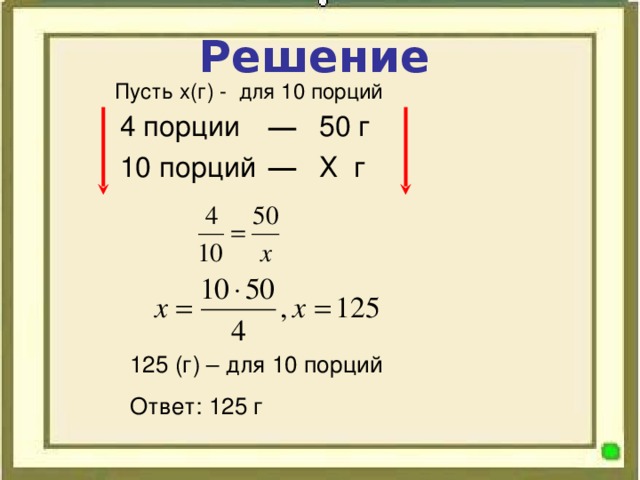 Решение  Пусть х(г) - для 10 порций 4 порции 50 г 10 порций Х г 125 (г) – для 10 порций Ответ: 125 г