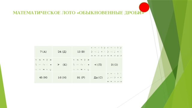 МАТЕМАТИЧЕСКОЕ ЛОТО «ОБЫКНОВЕННЫЕ ДРОБИ»      7 (А) 24 (Д) 45 (М) 13 (В) (К) 16 (Н) 91 (Р) 3 (О) Да (С)