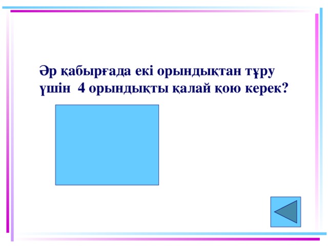 Әр қабырғада екі орындықтан тұру үшін 4 орындықты қалай қою керек?