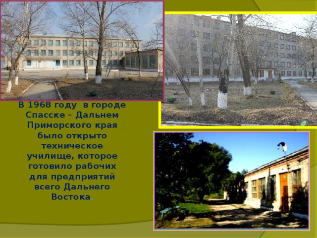 В 1968 году в городе Спасске – Дальнем Приморского края было открыто техническое училище, которое готовило рабочих для предприятий всего Дальнего Востока .