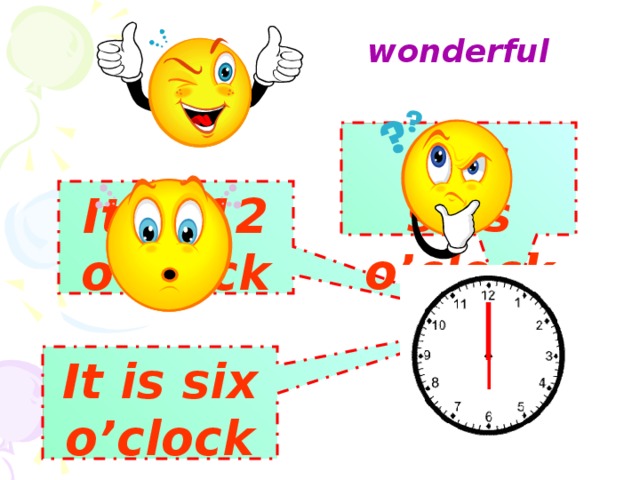 wonderful It is siks o’clock  It is 12 o’clock  It is six o’clock