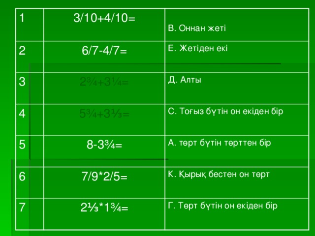 1 2 3/10+4/10= 6/7-4/7= 3 4 2¾+3¼= В. Оннан жеті Е. Жетіден екі 5¾+3⅓= 5 Д. Алты С. Тоғыз бүтін он екіден бір 8-3¾= 6 7 7/9*2/5= А. төрт бүтін төрттен бір 2⅓*1¾= К. Қырық бестен он төрт Г. Төрт бүтін он екіден бір