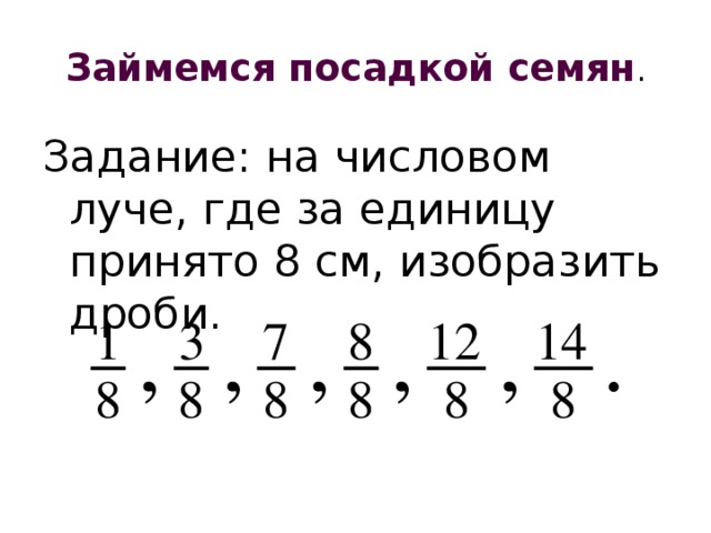 Займемся посадкой семян . Задание: на числовом луче, где за единицу принято 8 см, изобразить дроби.