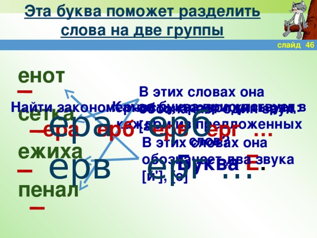 Эта буква поможет разделить слова на две группы слайд 46 енот сетка ежиха пенал В этих словах она обозначает один звук [э] Найти закономерность, продолжить ряд: ера ерб ерв ерг …  Какая буква присутствует в каждом из предложенных слов? ера ерб ерв ерг … В этих словах она обозначает два звука [й'], [э] Буква  Е .