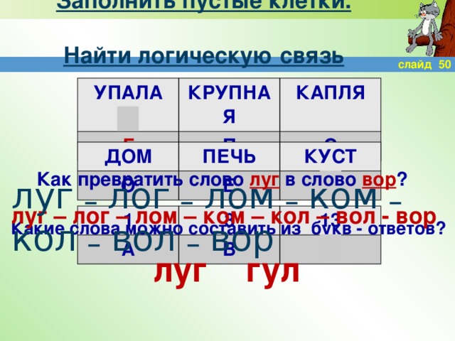 Заполнить пустые клетки.  Найти логическую связь слайд 50 УПАЛА КРУПНАЯ Г КАПЛЯ П С ДОМ ПЕЧЬ О КУСТ Е У Как превратить слово луг в слово вор ? луг – лог – лом – ком – кол – вол – вор луг – лог – лом – ком – кол – вол - вор 1 А 3 В 13 Л Какие слова можно составить из букв - ответов? луг гул