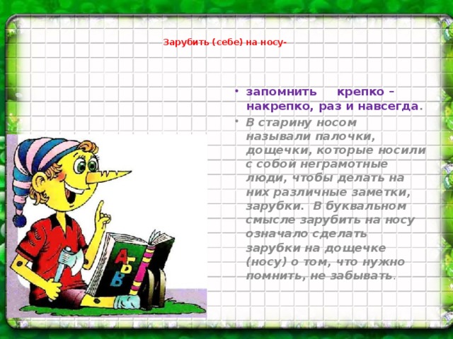 Зарубить (себе) на носу-    запомнить крепко – накрепко, раз и навсегда . В старину носом называли палочки, дощечки, которые носили с собой неграмотные люди, чтобы делать на них различные заметки, зарубки. В буквальном смысле зарубить на носу означало сделать зарубки на дощечке (носу) о том, что нужно помнить, не забывать .