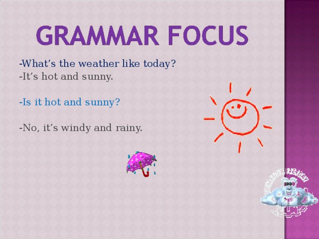 -What’s the weather like today? -It’s hot and sunny. -Is it hot and sunny? -No, it’s windy and rainy.