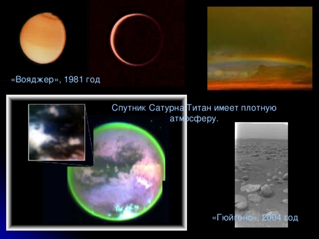 «Вояджер», 1981 год Спутник Сатурна Титан имеет плотную атмосферу. «Гюйгенс», 2004 год