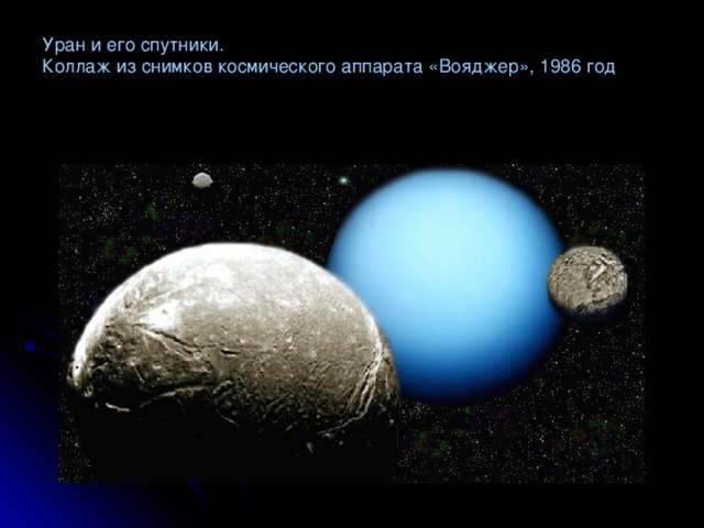 Уран и его спутники.  Коллаж из снимков космического аппарата «Вояджер», 1986 год