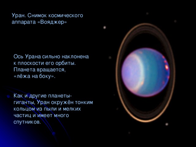 Уран. Снимок космического  аппарата «Вояджер» Ось Урана сильно наклонена к плоскости его орбиты. Планета вращается, «лёжа на боку». Как и другие планеты-гиганты, Уран окружён тонким кольцом из пыли и мелких частиц и имеет много спутников.