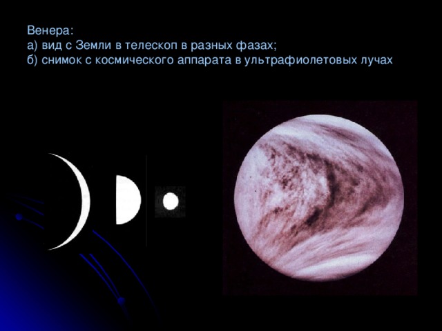 Венера:  а) вид с Земли в телескоп в разных фазах;  б) снимок с космического аппарата в ультрафиолетовых лучах
