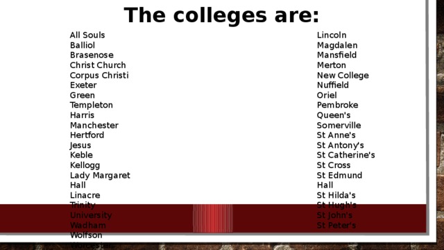 The colleges are: Lincoln All Souls Magdalen Balliol Mansfield Brasenose Merton Christ Church Corpus Christi New College Nuffield Exeter Green Templeton Oriel Harris Manchester Pembroke Hertford Queen's Somerville Jesus St Anne's Keble Kellogg St Antony's Lady Margaret Hall St Catherine's Linacre St Cross Trinity St Edmund Hall University St Hilda's Wadham St Hugh's Wolfson St John's St Peter's Worcester