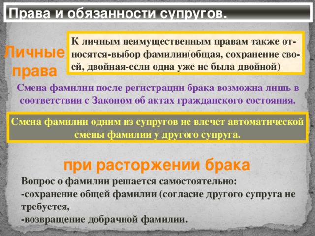 Права и обязанности супругов. К личным неимущественным правам также от- носятся-выбор фамилии(общая, сохранение сво- ей, двойная-если одна уже не была двойной) Личные права Смена фамилии после регистрации брака возможна лишь в соответствии с Законом об актах гражданского состояния. Смена фамилии одним из супругов не влечет автоматической смены фамилии у другого супруга. при расторжении брака Вопрос о фамилии решается самостоятельно: -сохранение общей фамилии (согласие другого супруга не требуется, -возвращение добрачной фамилии.