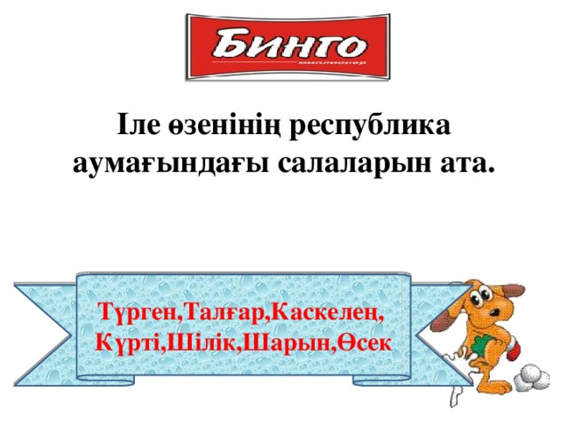 Іле өзенінің республика аумағындағы салаларын ата. Түрген,Талғар,Каскелең, Күрті,Шілік,Шарын,Өсек