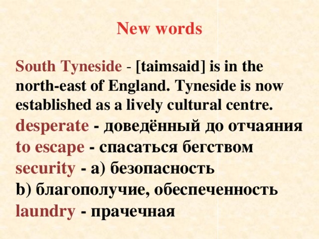 New words South Tyneside - [taimsaid] is in the north-east of England. Tyneside is now established as a lively cultural centre.  desperate - доведённый до отчаяния  to escape - спасаться бегством  security - а) безопасность b) благополучие, обеспеченность  laundry - прачечная