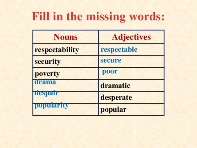 Fill in the missing words: Nouns Adjectives respectability security poverty dramatic desperate popular respectable secure poor drama despair popularity