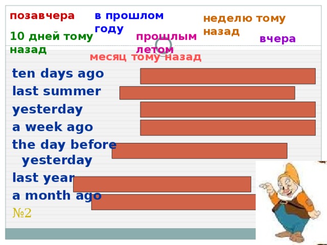 позавчера в прошлом году неделю тому назад прошлым летом 10 дней тому назад вчера месяц тому назад ten days ago last summer yesterday a week ago the day before yesterday last year a month ago № 2