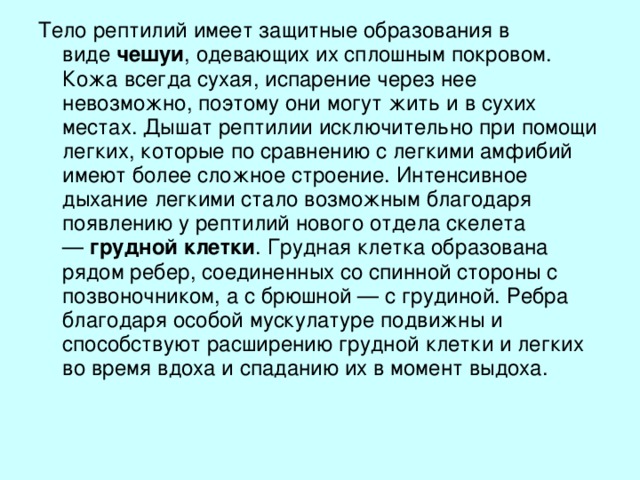 Тело рептилий имеет защитные образования в виде  чешуи , одевающих их сплошным покровом. Кожа всегда сухая, испарение через нее невозможно, поэтому они могут жить и в сухих местах. Дышат рептилии исключительно при помощи легких, которые по сравнению с легкими амфибий имеют более сложное строение. Интенсивное дыхание легкими стало возможным благодаря появлению у рептилий нового отдела скелета —  грудной клетки . Грудная клетка образована рядом ребер, соединенных со спинной стороны с позвоночником, а с брюшной — с грудиной. Ребра благодаря особой мускулатуре подвижны и способствуют расширению грудной клетки и легких во время вдоха и спаданию их в момент выдоха.