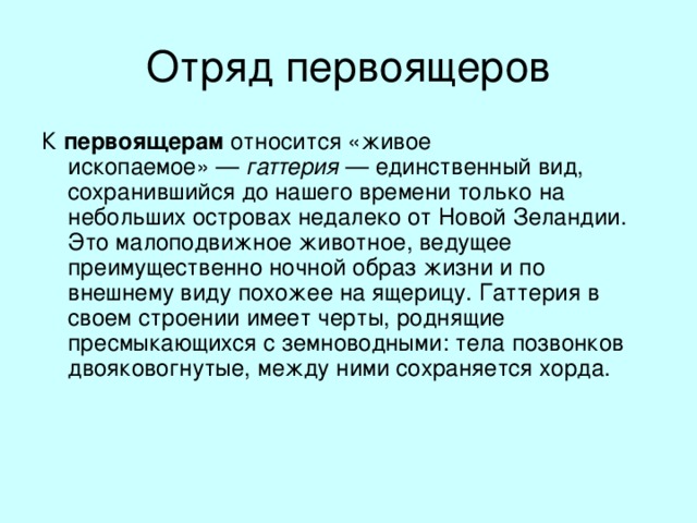 Отряд первоящеров К  первоящерам  относится «живое ископаемое» —  гаттерия  — единственный вид, сохранившийся до нашего времени только на небольших островах недалеко от Новой Зеландии. Это малоподвижное животное, ведущее преимущественно ночной образ жизни и по внешнему виду похожее на ящерицу. Гаттерия в своем строении имеет черты, роднящие пресмыкающихся с земноводными: тела позвонков двояковогнутые, между ними сохраняется хорда.