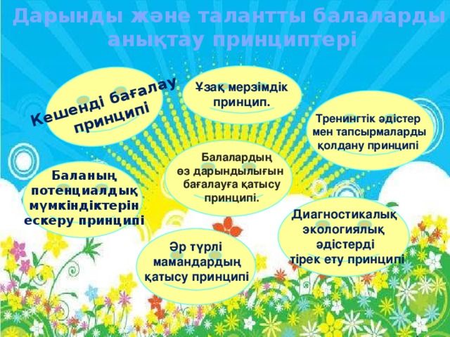 Дарынды және талантты балаларды анықтау принциптері Кешенді бағалау  принципі Ұзақ мерзімдік принцип.  Тренингтік әдістер  мен тапсырмаларды  қолдану принципі      Балалардың өз дарындылығын бағалауға қатысу  принципі.  Баланың потенциалдық мүмкіндіктерін ескеру принципі   Диагностикалық экологиялық әдістерді  тірек ету принципі  Әр түрлі  мамандардың  қатысу принципі