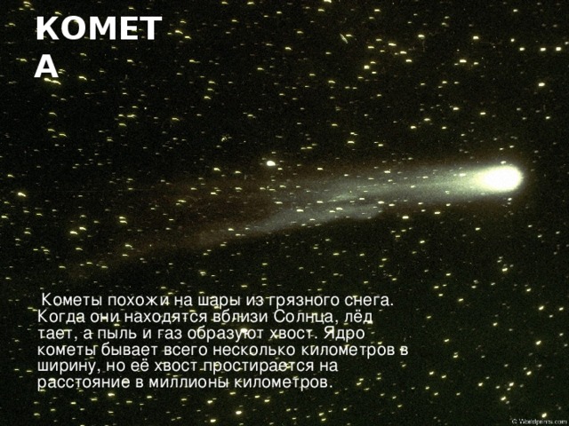 Комета  Кометы похожи на шары из грязного снега. Когда они находятся вблизи Солнца, лёд тает, а пыль и газ образуют хвост. Ядро кометы бывает всего несколько километров в ширину, но её хвост простирается на расстояние в миллионы километров.