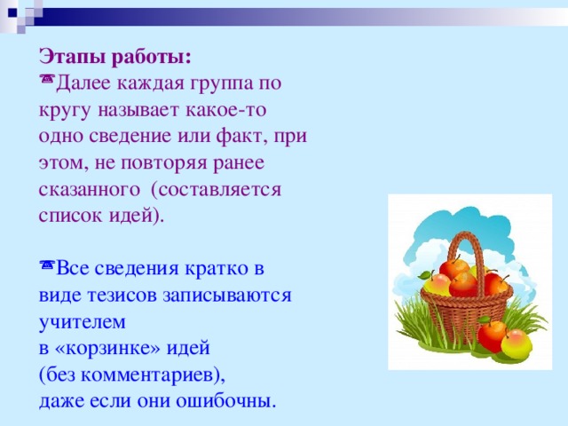 Этапы работы:  Далее каждая группа по кругу называет какое-то одно сведение или факт, при этом, не повторяя ранее сказанного (составляется список идей). Все сведения кратко в виде тезисов записываются учителем в «корзинке» идей (без комментариев), даже если они ошибочны.