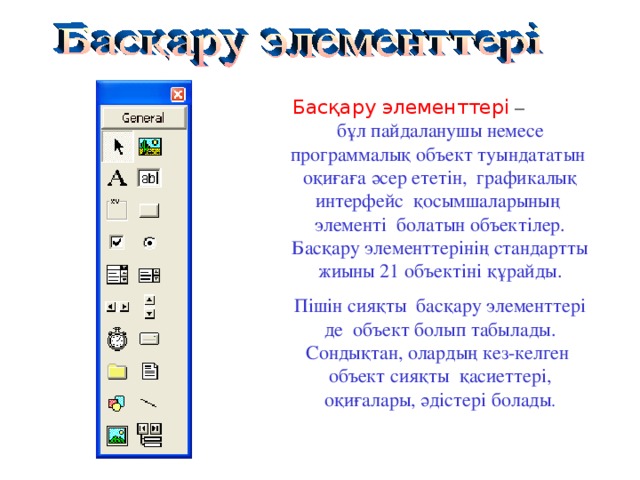 Басқару элементтері – бұл пайдаланушы немесе программалық объект туындататын оқиғаға әсер ететін, графикалық интерфейс қосымшаларының элементі болатын объектілер. Басқару элементтерінің стандартты жиыны 21 объектіні құрайды. Пішін сияқты басқару элементтері де объект болып табылады. Сондықтан, олардың кез-келген объект сияқты қасиеттері, оқиғалары, әдістері болады .