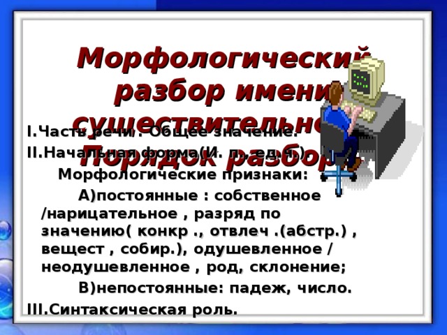 Морфологический разбор имени существительного.  Порядок разбора:   I .Часть речи . Общее значение. II .Начальная форма(И. п., ед.ч.).  Морфологические признаки:  А)постоянные : собственное /нарицательное , разряд по значению( конкр ., отвлеч .(абстр.) , вещест , собир.), одушевленное / неодушевленное , род, склонение;  В)непостоянные: падеж, число. III .Синтаксическая роль.