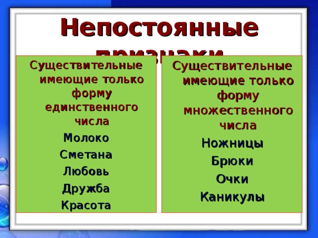 Непостоянные признаки Существительные имеющие только форму единственного числа Молоко Сметана Любовь Дружба Красота Существительные имеющие только форму множественного числа Ножницы Брюки Очки Каникулы