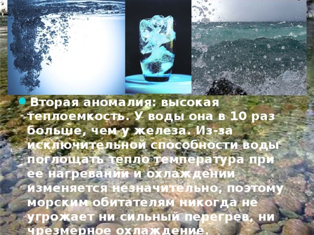 Вторая аномалия: высокая теплоемкость. У воды она в 10 раз больше, чем у железа. Из-за исключительной способности воды поглощать тепло температура при ее нагревании и охлаждении изменяется незначительно, поэтому морским обитателям никогда не угрожает ни сильный перегрев, ни чрезмерное охлаждение.