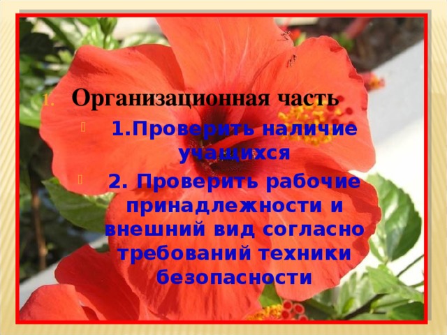 Организационная часть 1.Проверить наличие учащихся 2. Проверить рабочие принадлежности и внешний вид согласно требований техники безопасности