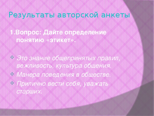 Результаты авторской анкеты 1.Вопрос: Дайте определение понятию «этикет».