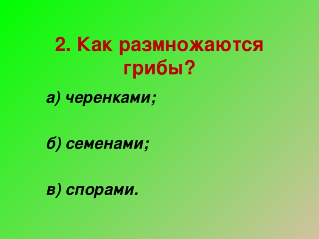 2. Как размножаются грибы? а) черенками;  б) семенами;  в) спорами.