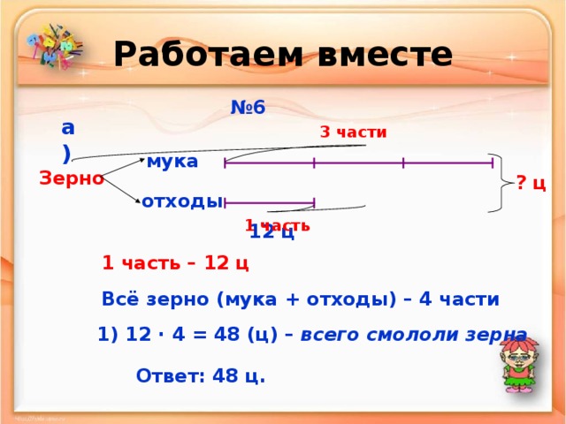 Работаем вместе № 6 а) 3 части мука Зерно ? ц отходы 1 часть 12 ц 1 часть – 12 ц Всё зерно (мука + отходы) – 4 части 1) 12 · 4 = 48 (ц) – всего смололи зерна Ответ: 48 ц.