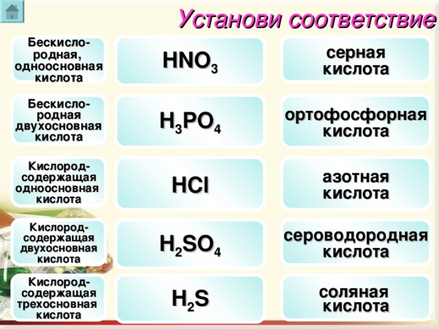 Установи соответствие серная кислота Бескисло- родная, одноосновная кислота HNO 3 H 3 PO 4 Бескисло- родная двухосновная кислота ортофосфорная кислота HCl Кислород- содержащая одноосновная кислота азотная кислота Кислород- содержащая двухосновная кислота сероводородная кислота H 2 SO 4 соляная кислота H 2 S Кислород- содержащая трехосновная кислота