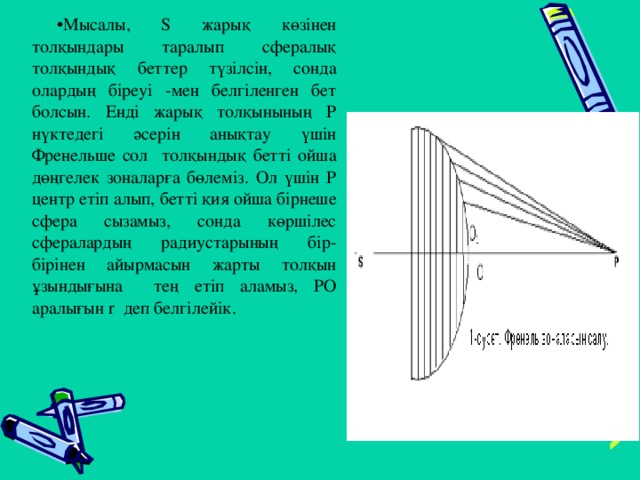 Мысалы, S жарық көзінен толқындары таралып сфералық толқындық беттер түзілсін, сонда олардың біреуі -мен белгіленген бет болсын. Енді жарық толқынының P нүктедегі әсерін анықтау үшін Френельше сол толқындық бетті ойша дөңгелек зоналарға бөлеміз. Ол үшін P центр етіп алып, бетті қия ойша бірнеше сфера сызамыз, сонда көршілес сфералардың радиустарының бір-бірінен айырмасын жарты толқын ұзындығына тең етіп аламыз, PO аралығын r деп белгілейік.