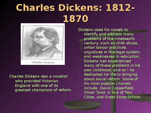 Charles Dickens: 1812-1870 Dickens used his novels to identify and ad­dress many problems of the nineteenth century, such as child abuse, unfair labour practices, unjustices in the legal system, and weaknesses in education, Dickens had experienced many of these problems in his own childhood, and so ! he dedicated his life to bringing about social reform. Some of his most popular j novels include, David Copperfield, Oliver Twist, A Tale of Two Cities, and Great Expectations. Charles Dickens was a novelist who provided Victorian England with one of its greatest champions of reform.