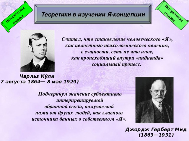 Историческая справка  Историческая справка  Теоретики в изучении Я-концепции Считал, что становление человеческого «Я»,  как целостного психологического явления, в сущности, есть не что иное,  как происходящий внутри «индивида» социальный процесс. Чарльз Ку́ли (17 августа 1864— 8 мая 1929) Подчеркнул значение субъективно  интерпретируемой обратной связи, получаемой нами от других людей, как главного источника данных о собственном «Я». Джордж Герберт Мид (1863—1931)