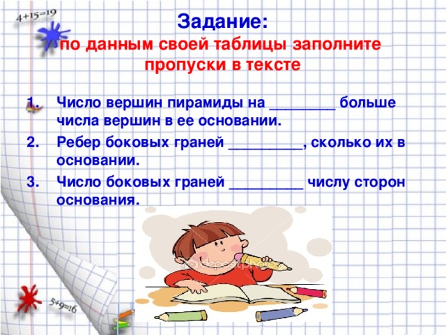 Какой длины потребуется проволока для изготовления каркаса данной пирамиды? 1) 2) Длина каждого ребра равна 3см Длина ребра  основания 5 см, длина бокового ребра 7 см 3) Длина бокового ребра 10 см; длина ребра основания 9 см