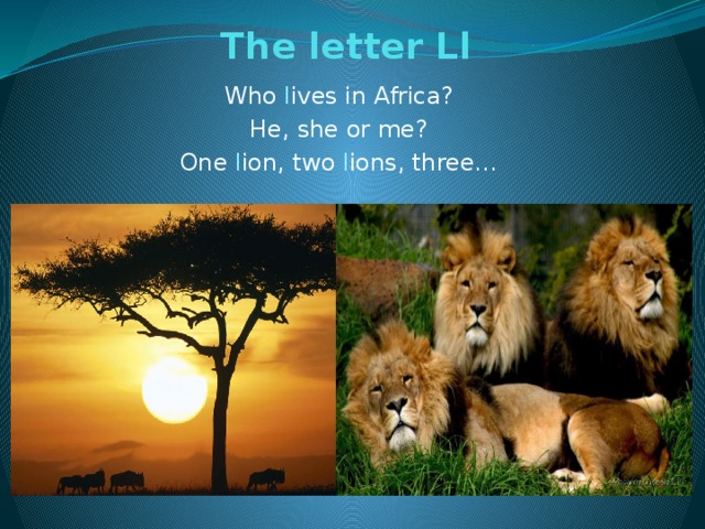 The letter Ll   Who l ives in Africa? He, she or me? One l ion, two l ions, three…