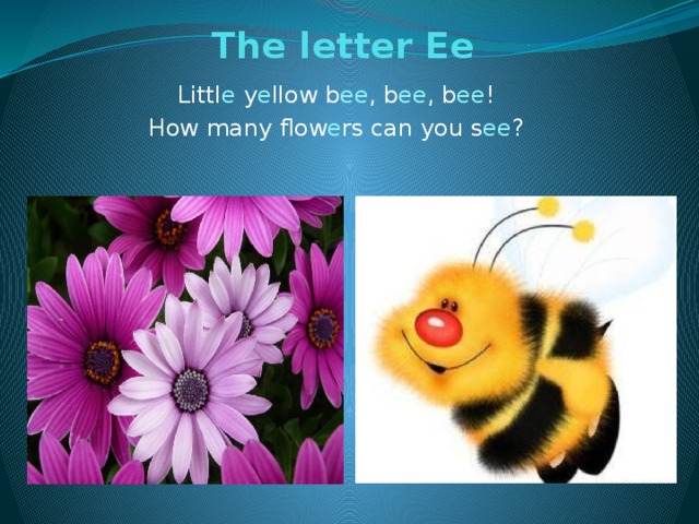 The letter Ee   Littl e y e llow b ee , b ee , b ee ! How many flow e rs can you s ee ?