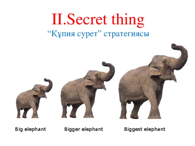 ІІ.Secret thing “ Құпия сурет” стратегиясы Big elephant Bigger elephant Biggest elephant