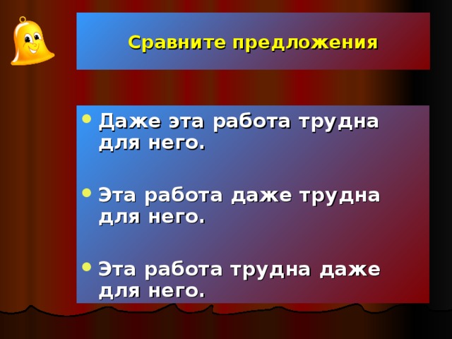 Сравните предложения Даже эта работа трудна для него.  Эта работа даже трудна для него.  Эта работа трудна даже для него.