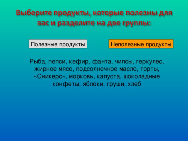 Полезные продукты Неполезные продукты Рыба, пепси, кефир, фанта, чипсы, геркулес, жирное мясо, подсолнечное масло, торты, «Сникерс», морковь, капуста, шоколадные конфеты, яблоки, груши, хлеб