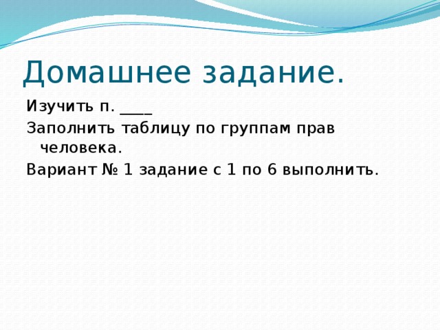 Домашнее задание. Изучить п. ____ Заполнить таблицу по группам прав человека. Вариант № 1 задание с 1 по 6 выполнить.