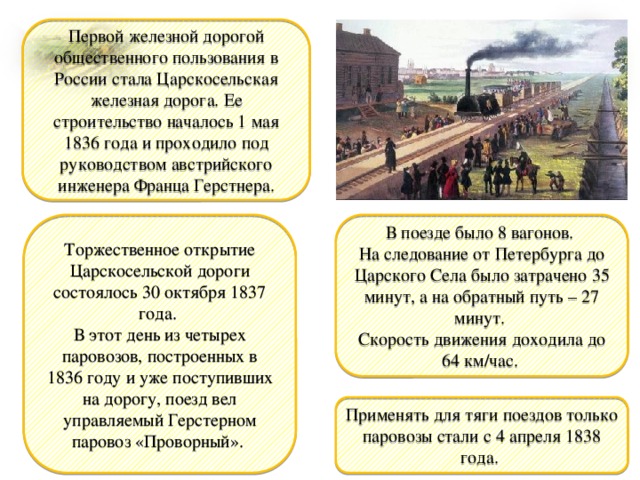 Первой железной дорогой общественного пользования в России стала Царскосельская железная дорога. Ее строительство началось 1 мая 1836 года и проходило под руководством австрийского инженера Франца Герстнера. В поезде было 8 вагонов. Торжественное открытие Царскосельской дороги состоялось 30 октября 1837 года. На следование от Петербурга до Царского Села было затрачено 35 минут, а на обратный путь – 27 минут. В этот день из четырех паровозов, построенных в 1836 году и уже поступивших на дорогу, поезд вел управляемый Герстерном паровоз «Проворный». Скорость движения доходила до 64 км/час. Применять для тяги поездов только паровозы стали с 4 апреля 1838 года.  6